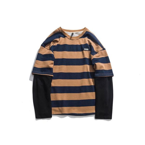 

yi dao vintage autumn clothing japanese-style retro contrast color stripes mock two-piece hoodie men's couples loose casual hood, Black