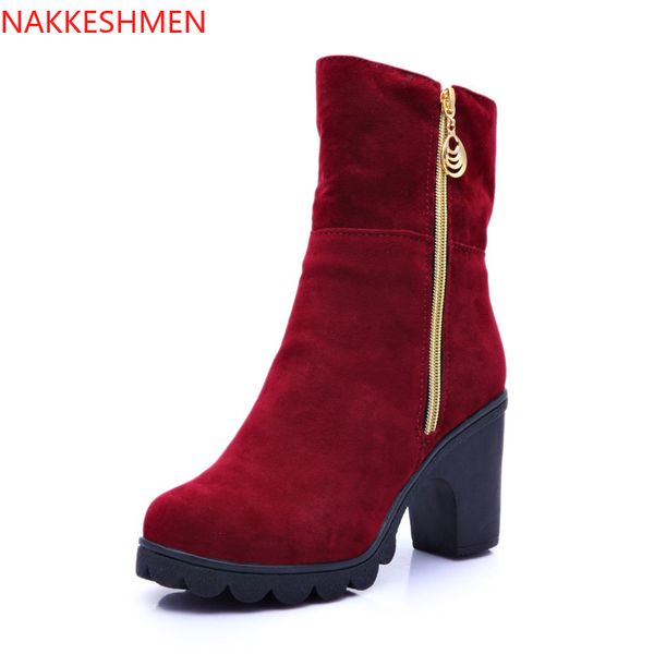 

2020 new style for autumn and winter in europe and america round frosted short side zipper chunky-heel wild double purpose boots, Black
