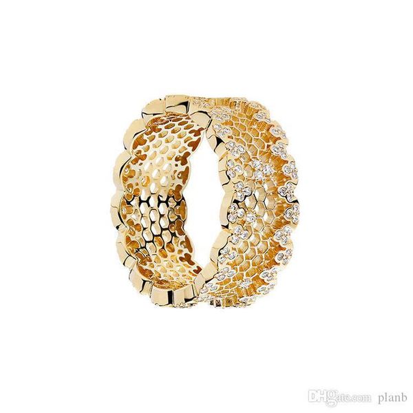 

18k yellow gold women wedding cz diamond ring original box for pandora 925 sterling silver honeycomb rings set, Slivery;golden