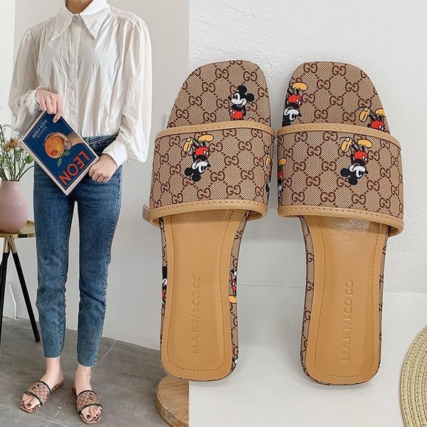 

sandals women's one-line sandals mop shoes for outdoor wear 2020 newmouse one-word mop net red open toe canvas half-mop
