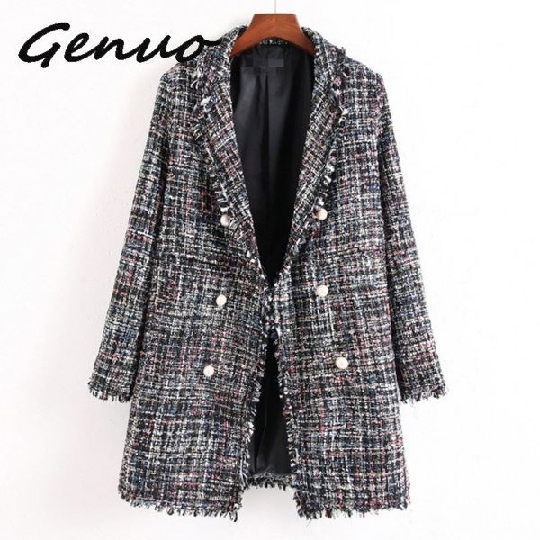 

genuo wind autumn and winter long fund women's small real pearl decoration tassels nothing buckle easy lattice woolen loose coat, Black