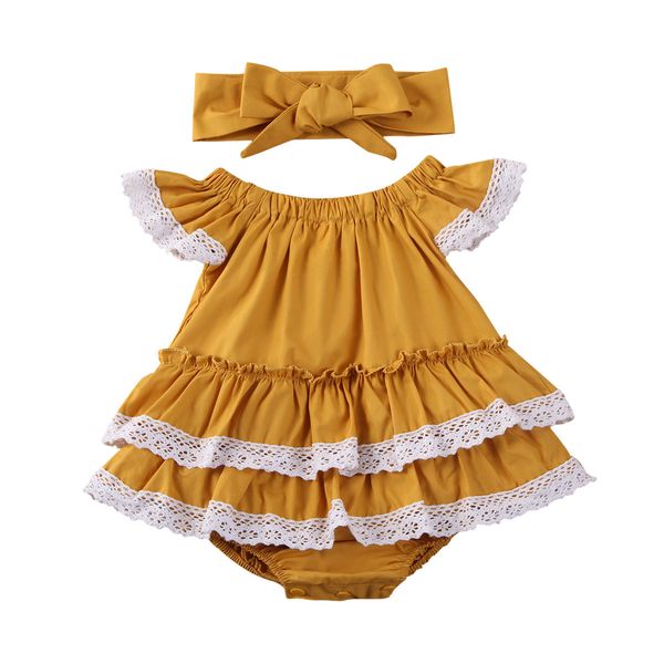 

лето новорожденные девочки lace bodysuit оборками с коротким рукавом желтый комбинезон tops повязка одежда 0-24м, Blue