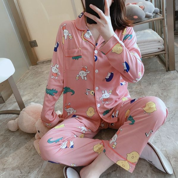 

season new women's long-sleeved cardigan pajamas pajamas cartoon ladies students autumn can wear home clothes suit, Blue;red