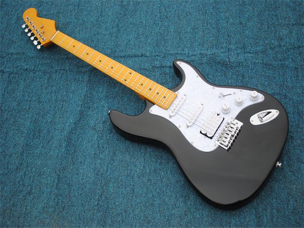 Guitarra elétrica de corpo preto com serviço branco pérola Pickguard, Bordo Neck, Chrome Hardware, fornecem personalizado,