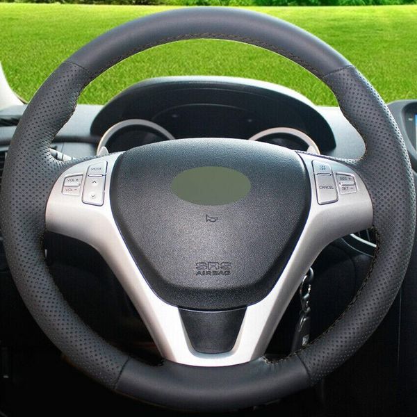 

hand-stitched black leather car steering wheel cover for hyundai rohens coupe 09