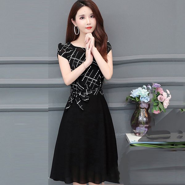 

fashion skirt women japanese korean style o neck short sleeve waistband waist skirt round neck slim a line long skirt pingyou, Black