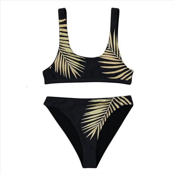 

golden leaf print swimming suit maillot de bain femme biquini two piece swimsuits swimwear beach suit bikini set lr3, White;black