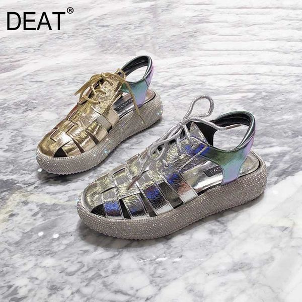 

deat] 2020 new spring summer round toe hollow out lace-up crystal pu leather platform sandals for women shoes fashion 10h705, Black