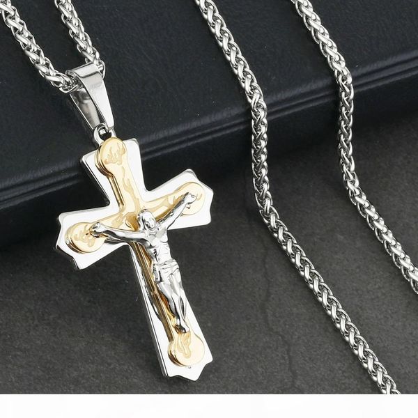 

christ cross pendant necklace male sturdy stainless steel crucifix link chains religious jewelry metal body statement gift nc130, Silver