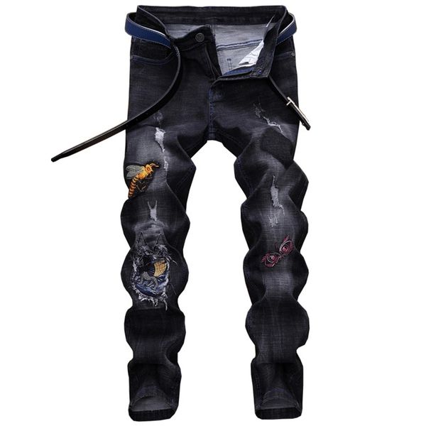 

men's casual straight pants slim personality retro fashion designer jeans ripped men's hip hop black denim motorcycle mens designe, Blue