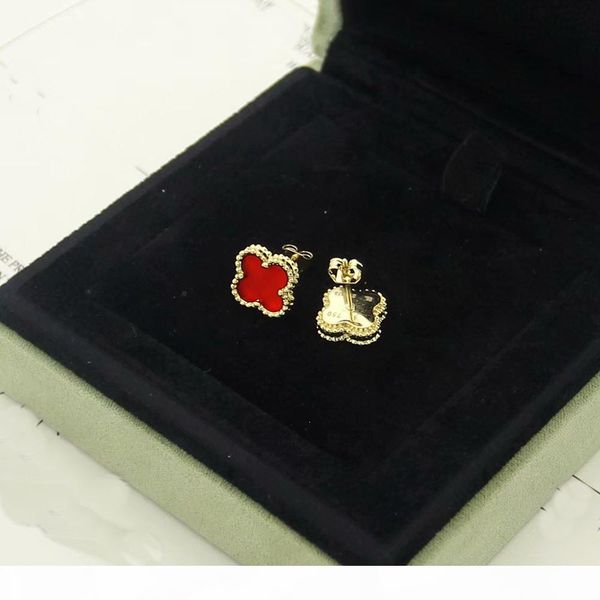 

d europe america fashion lady women brass vintage mini single motif multicolor gemstone four leaf flower 18k gold stud earrings, Golden;silver
