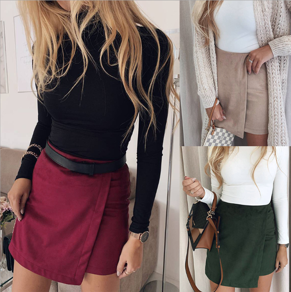 

2020 women summer mini skirt irregular design elastic high waist solid color slim office short skirts
