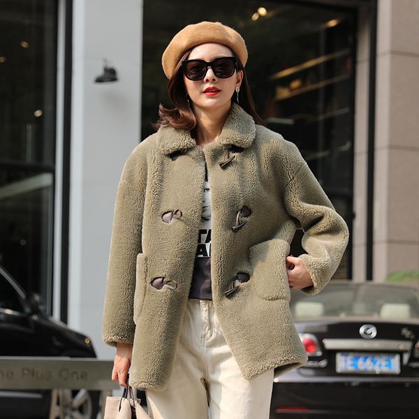 

2020 new korean version of imitation fur particles velvet horn buckle mid-length loose and comfortable women's woolen coat, Black
