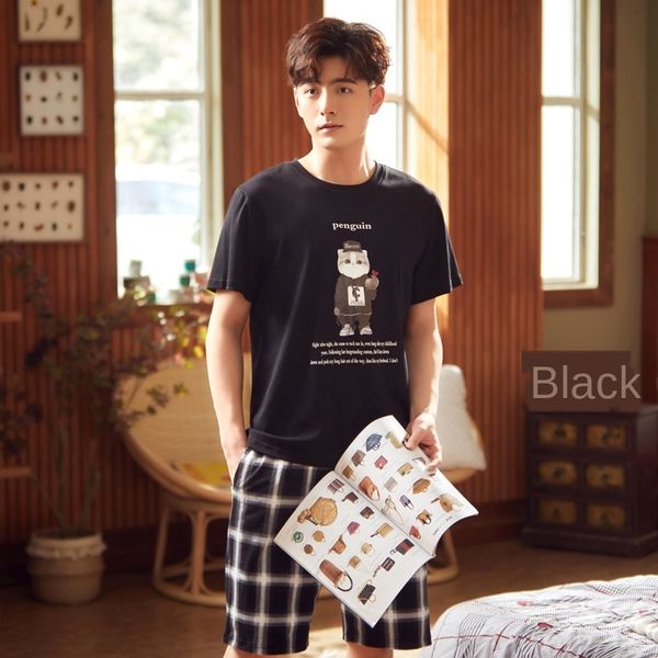 

pajamas cotton short-sleeved thin men's home shorts and shorts pajamas shortswear summer loose men's large size youth suit, Black;brown