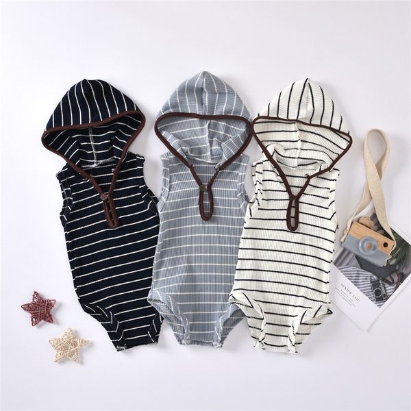 

2020 baby summer clothing newborn toddler baby boys girls sleeveless striped hooded knitted rompers jumpsuits outfits 0-24m, Blue