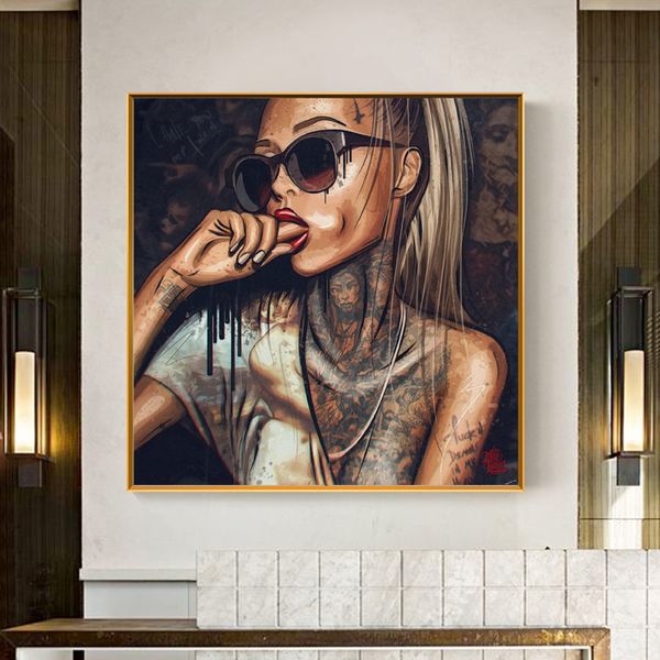 

cool tattoo girls wearing glasses wall posters canvas paintings on the wall art cuadros for living room cuadros cafe bar decor