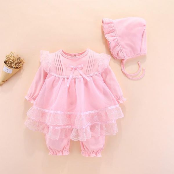 

new born baby clothes long sleeve cotton baby girl romper dress autumn spring lace children jumpsuit+hat toddler set 3m 6m, Blue