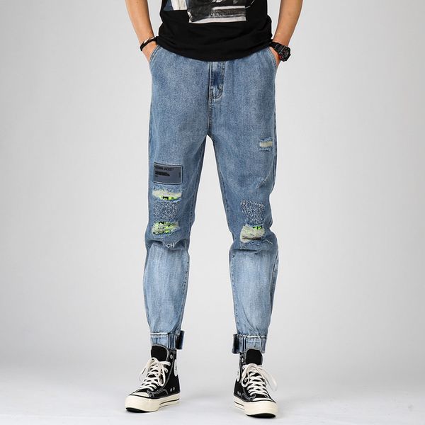 

moruancle mens destroyed hip hop jeans pants hi street ripped denim trousers with holes streetwear distressed jean joggers, Blue