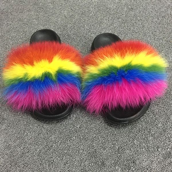 

fur slippers women real fur slides furry flat sandals female cute fluffy house shoes woman slippers 2020hot, Black