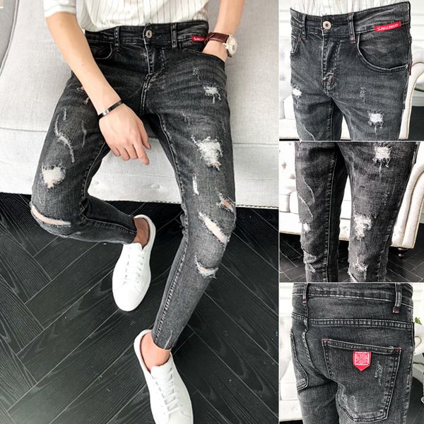 

men's jeans wholesale 2021 summer teenagers stretch beggar broken ripped hole denim male spirit guy social people feet pants homme, Blue