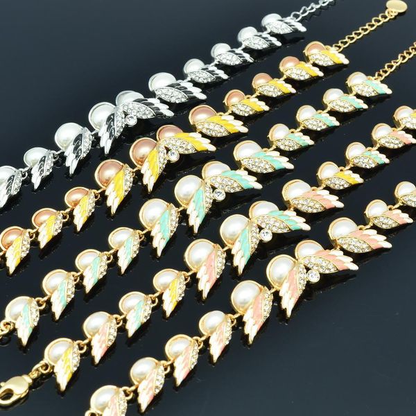 

4 color imitation pearl enamel feather wing bracelet chain bangle with austrian crystals ska2196, Black
