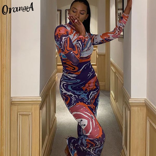 

casual dresses orangea o-neck women tie dye print autumn fashion dress bodycon fitness streetwear stretchy clubwear colorful maxi, Black;gray