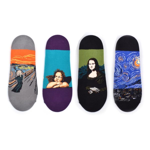

street trend retro art elements oil painting mona lisa starscream cotton men socks summer cross-border exclusive kg-12, Black
