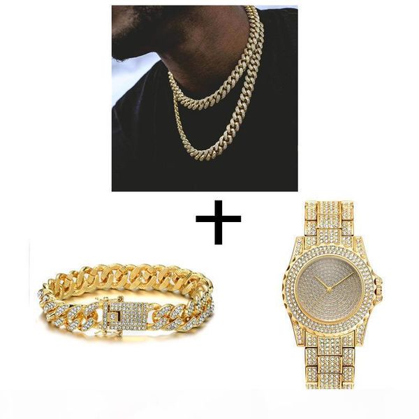 

wholesale hop silver necklace +watch+bracelet iced out paved rhinestones miami curb cuban chain gold cz bling rapper for men jewelry