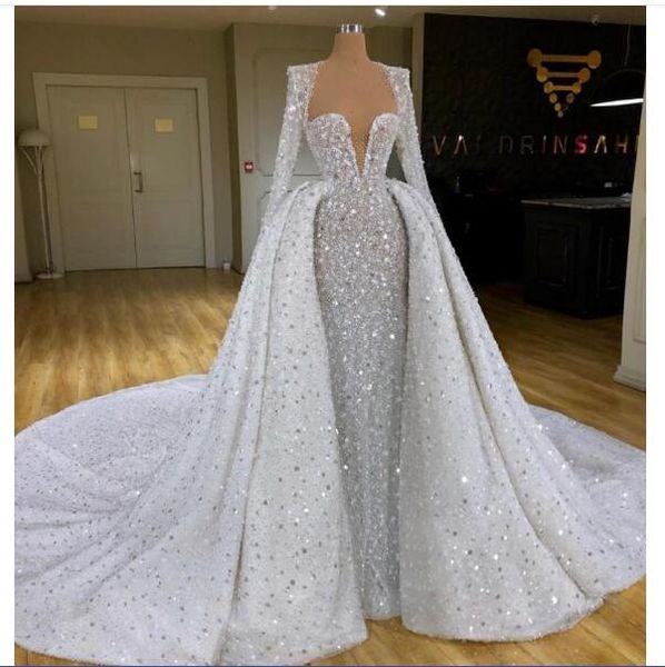 

2020 sweetheart plus size mermaid wedding dresses with removable train sequin crystal beads appliqued long sleeve bridal gowns, Red