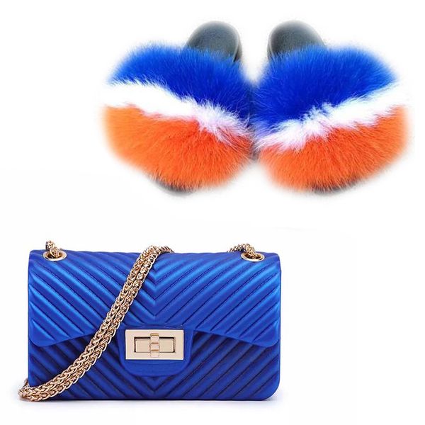 

wholesale woman fox fur slipper jelly purse set with fur slides, Black