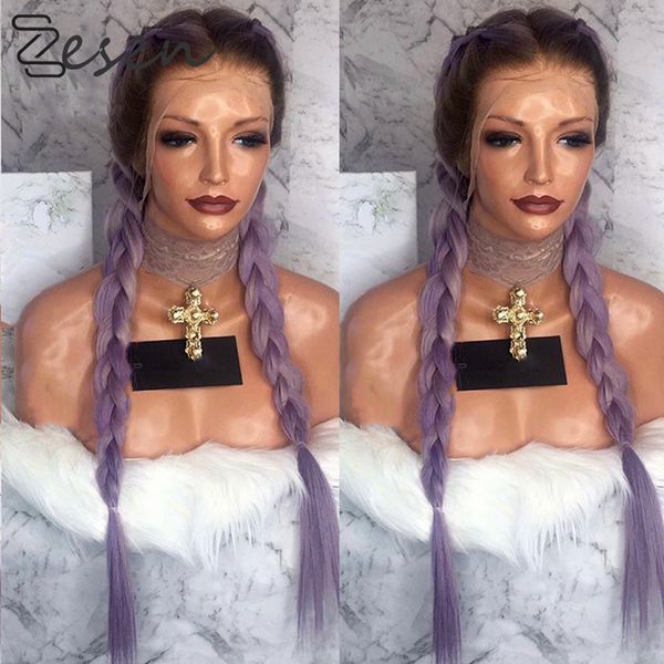 

zesen 24 inch lace full head synthetic lace front wigs for women 3 color straight braid double ponytail wigs heat resistant, Black
