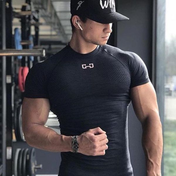 

brand men running t-shirt gym shirts bodybuilding fitness short sleeve sport t shirt mens casual printed outdoor tee solid, Black;blue