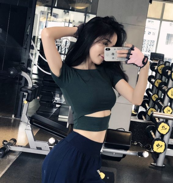 

neamu quick exposed vest sports clothes t-shirt yoga clothes women's short-sleeved quick-drying gym t-shirt running stretch tight y, Black;red