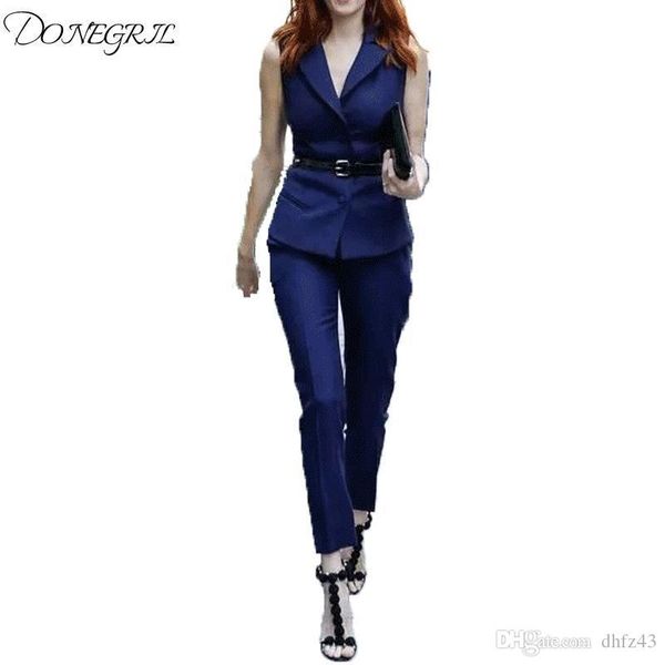 

2018 summer style fashion women's two piece clothes set eleturn down collar vest blazer and pants suit set office outfit, White;black