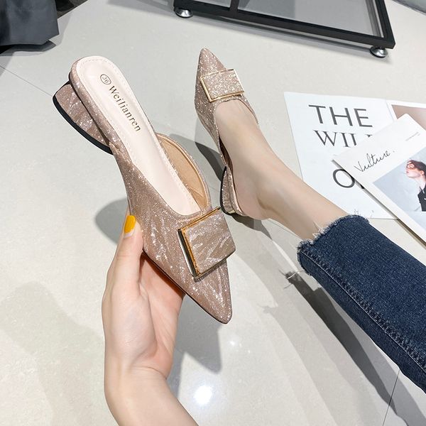 

chunky-heel slippers square buckle ladies and slides baotou low heel shoes women shoes pump casual outdoor mules plus size, Black