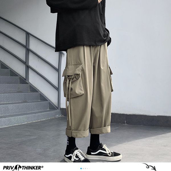 

men's pants side big pocket men harem 2021 solid color man loose straight streetwear casual wide leg, Black