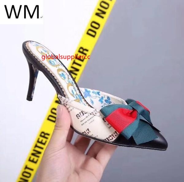 

fashion half-drag bow high heels casual handmade walking tennis sandals slippers mules slides thongs, Black;green