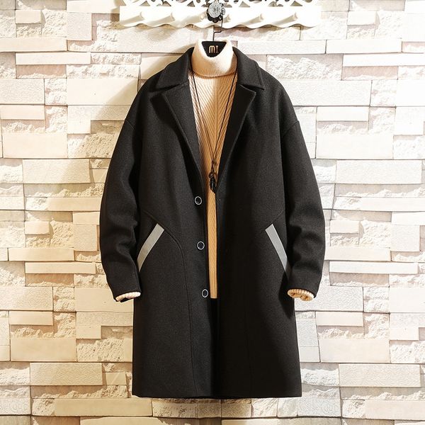 

19 winter new windbreaker coat men's contrast color oblique pocket design woolen fashion men's windbreaker coat, Black