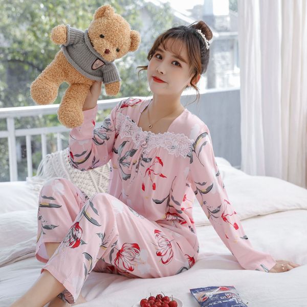 

women's and pajamas trousers home clothes large size long sleeve trousers fashion pajamas thin two-piece cotton silk, Blue;red