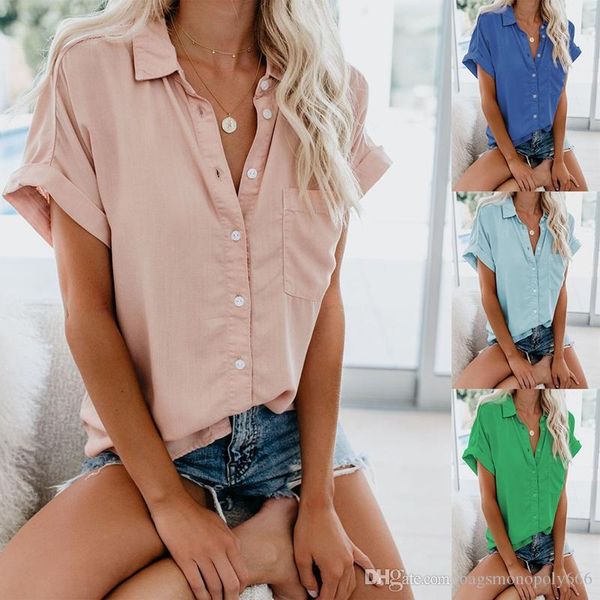 

women's buttone shirt short sleeve new arrival european and american women's clothing summer explosion solid color urban casual st, White