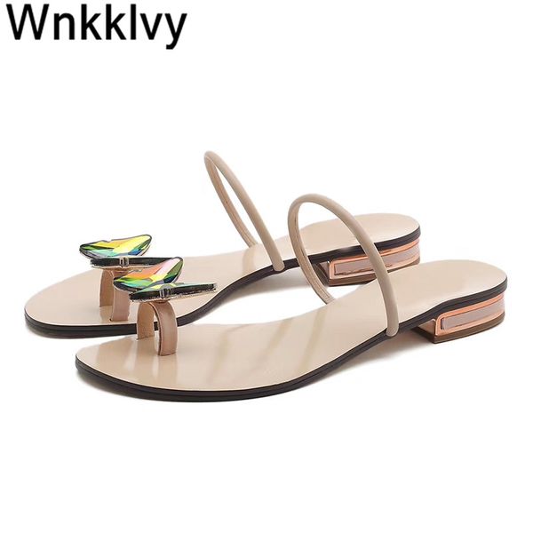 

flat sandals women summer chic fairy slippers rhinestone flipflops butterfly crystal clip toe beach vacation seaside shoes, Black