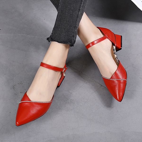 

3cm low heel sandals women 2020 new summer genuine leather pointy toe leather sandals female block heel shoes, Black