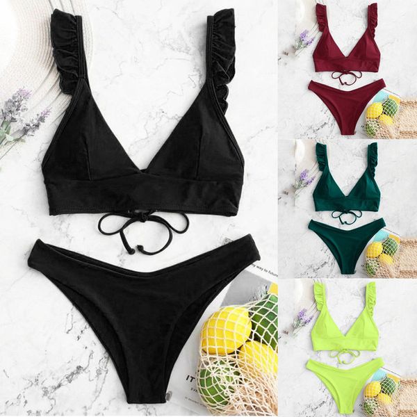 

swimsuit women swimwear high cut v neck ruffle bandage bikini set monokini beach wear bathing suits maillot polyester de bain femme, White;black