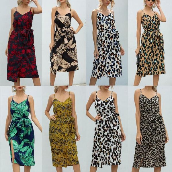 

yellow leaf leopard print loose casual women dress dark blue red orange black suspenders mid-calf summer dress, White;black