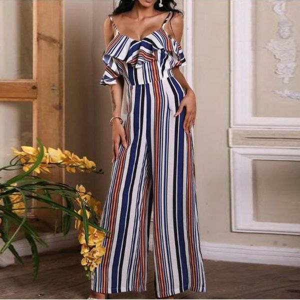 

vintage elegant jumpsuit women casual loose sleeveless sling jumpsuit office ladies stripe ruffled flounce long playsuit mono, Black;white