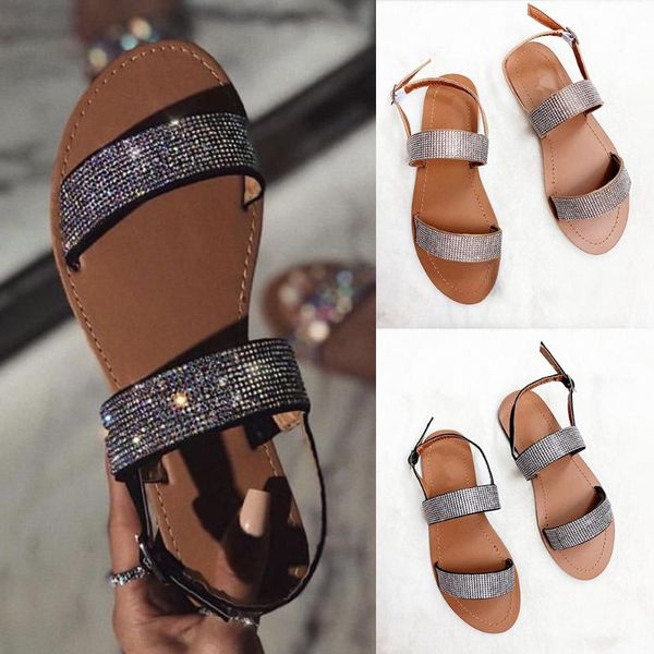 

женщины rhinestone ремешок сандалии пряжки сандалии открытый toe summer beach женский sandalias плоский sandalias mujer d30, Black