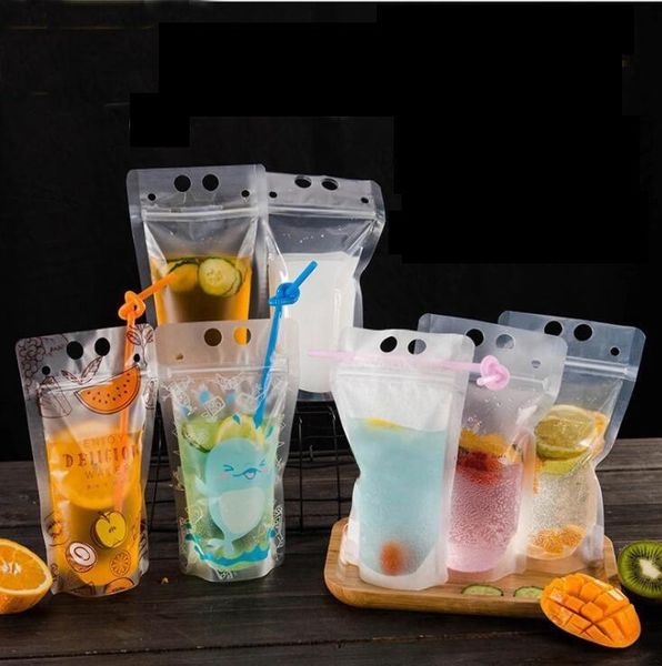 

drink pouches bags frosted stand-up plastic drinking bag with straw drink fruit juice milk tea liquid bag kka6875