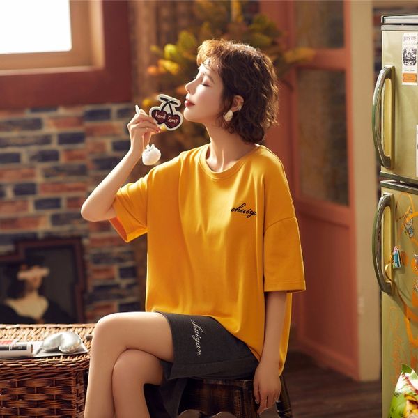 

women's summer cotton pajamas loose large size home clothes set solid color leisure sports home clothes set 2051# pure cotton, Blue;red