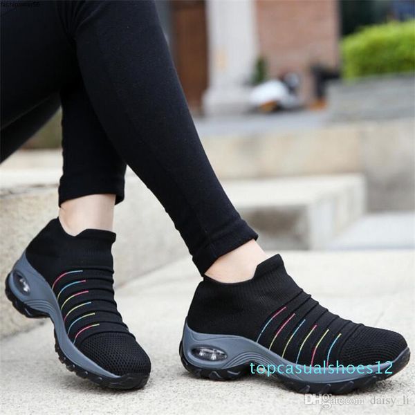 

knit sock leisure shoes woman slip women on platform shock absorption shoes 2020 female comfortable breathable non-slip shoes #3 t12, Black