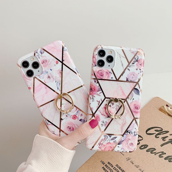 Plating Marble Flower Phone Case для iPhone 11 Pro XR XS MAX 7 8 SE Cover Cover с кольцом Kickstand